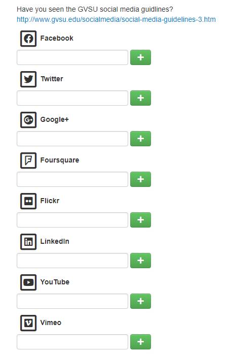 CMS admin form for adding social media to a sites footer